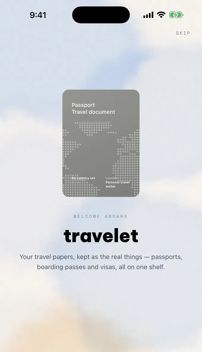 The app opening on a passport cover held in a watercolour sky.