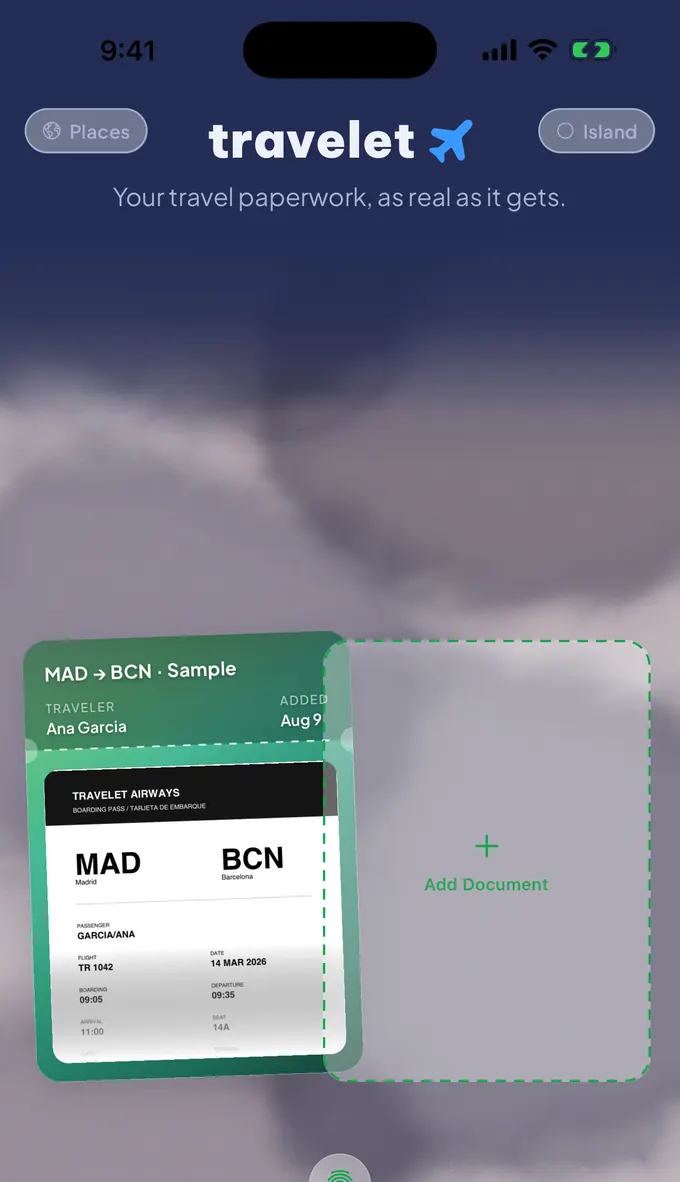 A boarding pass on the shelf, its route and traveller read off the document.
