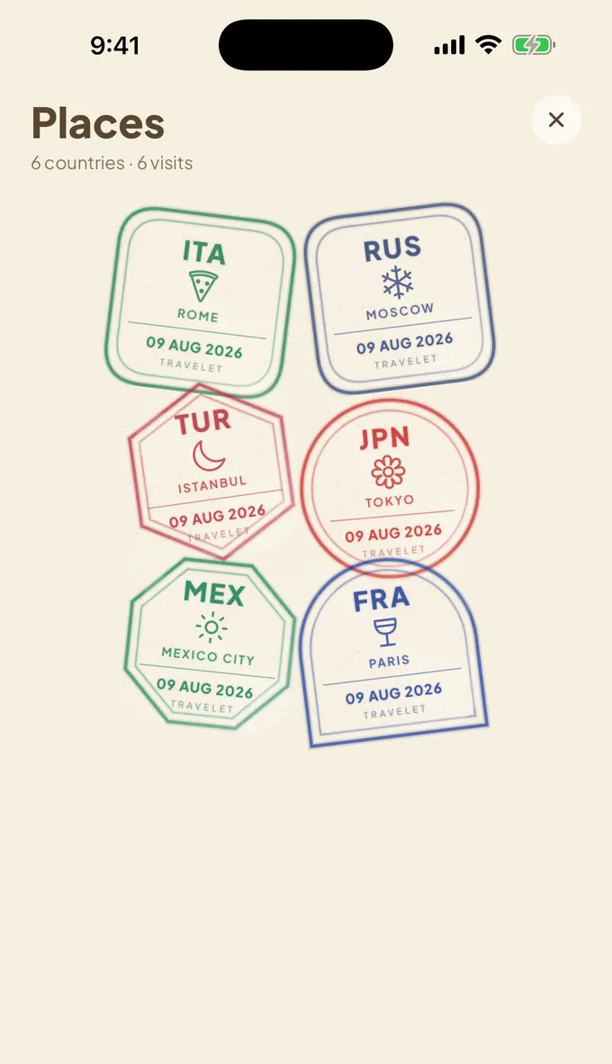 A page of country stamps, each in its own ink and outline.